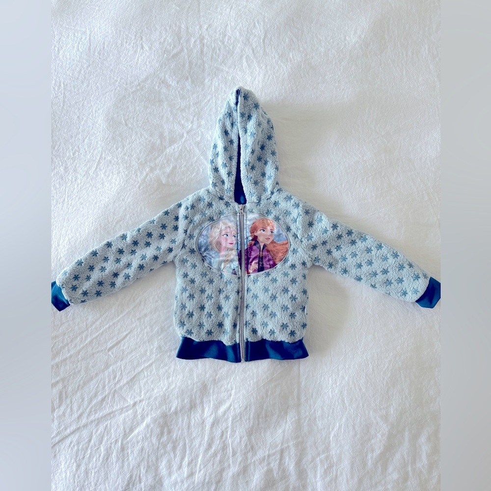 Disney Frozen Elsa & Anna faux fur sherpa Teddy zip jacket hoodie in aqua color.